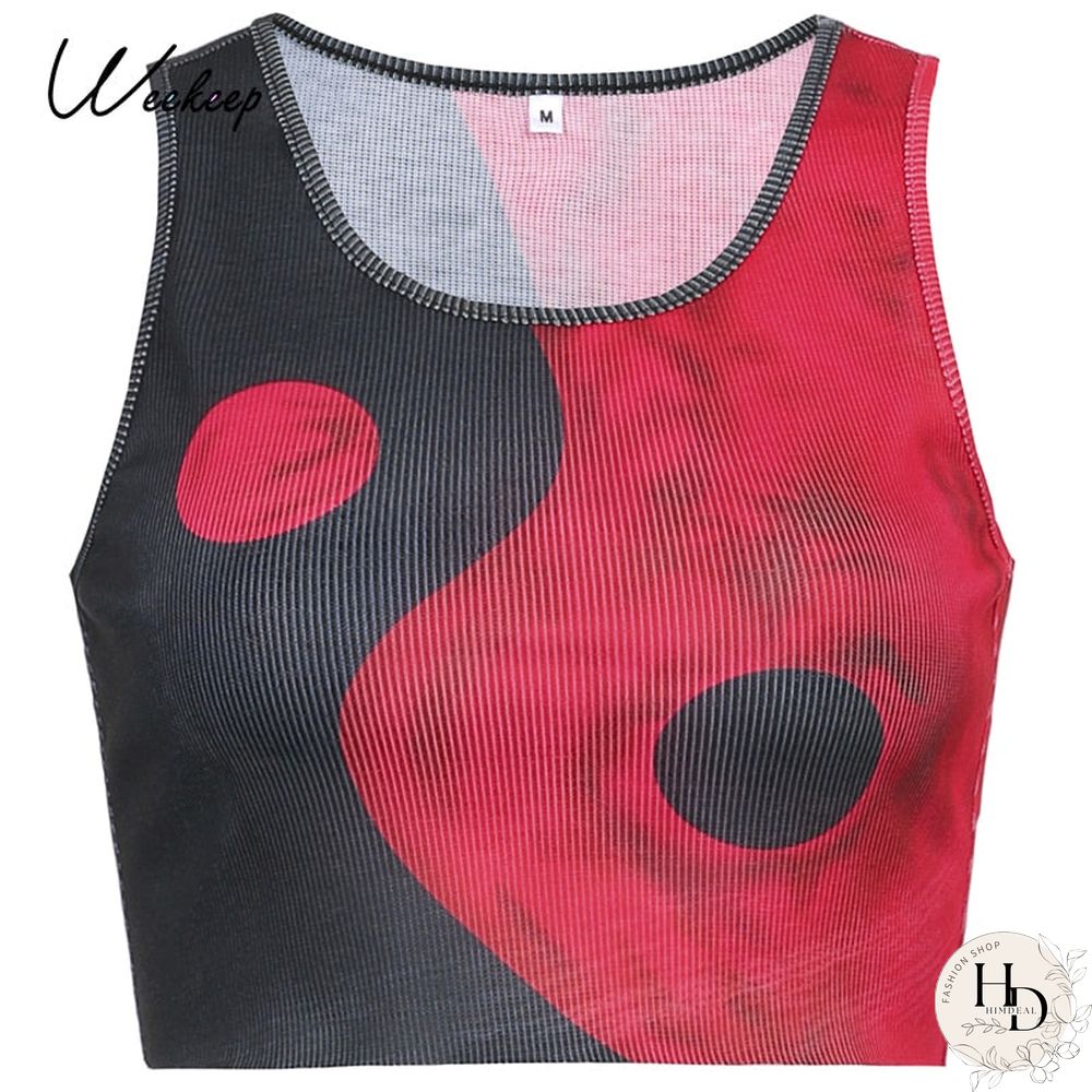Weekeep Vintage Chinese Style Print Ribbed Crop Top Women Sleeveless Tank Top Summer Punk Fitness New Streetwear 90S Fashion Tee