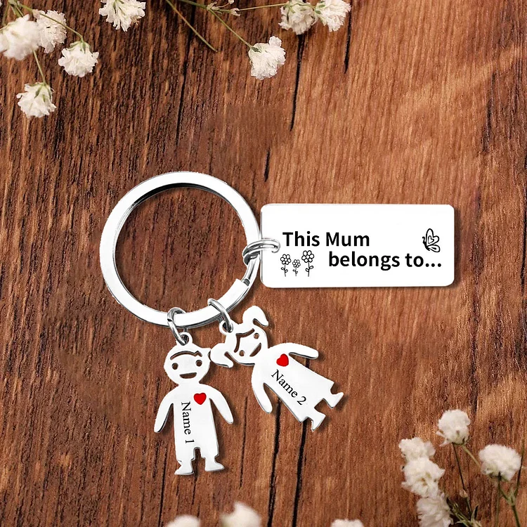 2 Names - Personalized Keychain with Kid Charms Engraved Names Keychain Mother's Day Gift for Mum/Nan