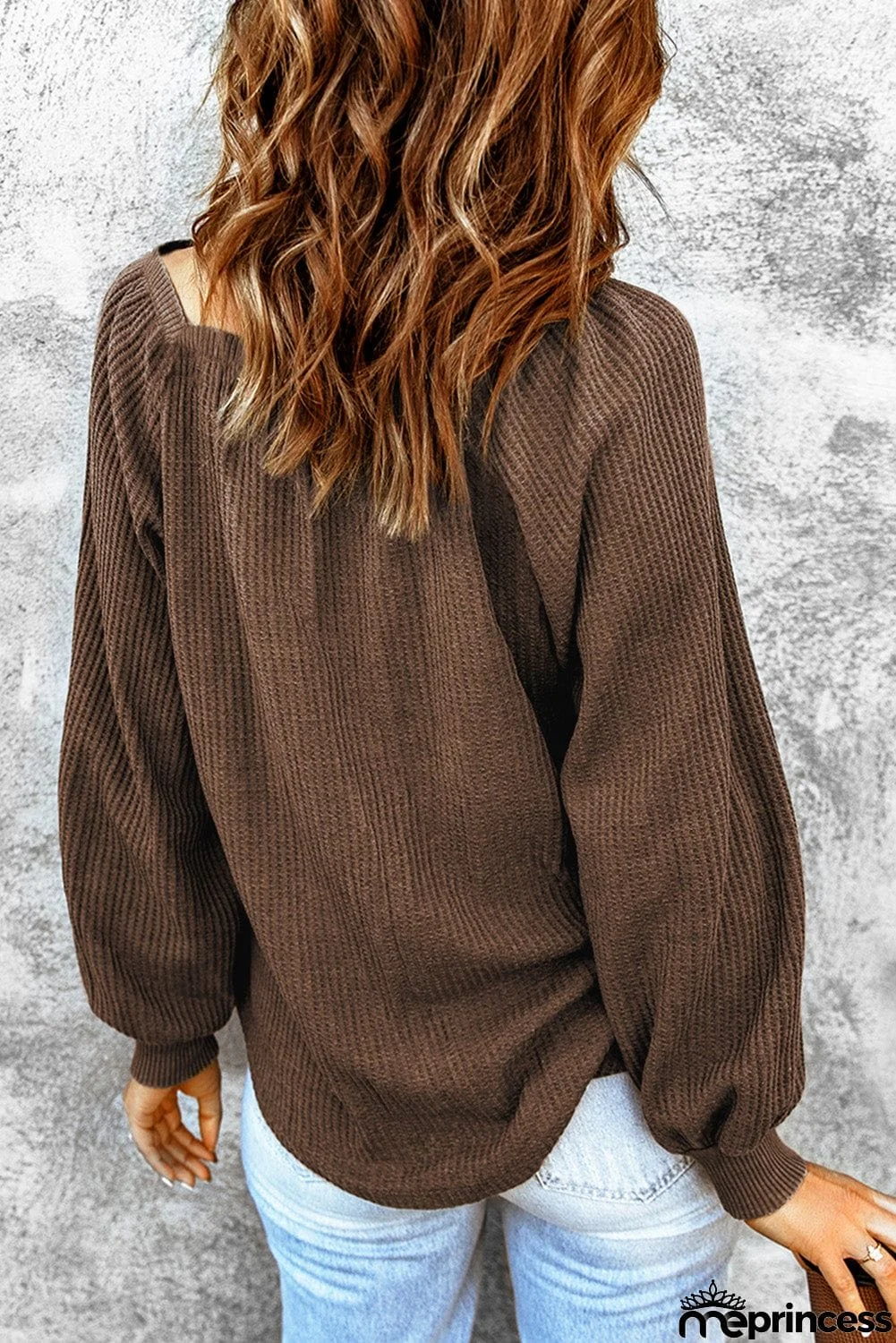 Scoop Neck Puff Sleeve Waffle Knit Top