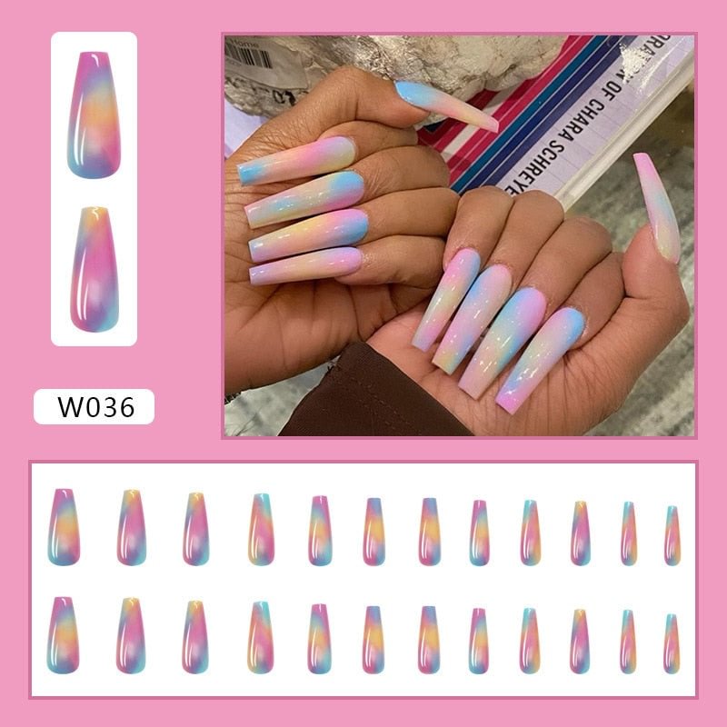 Pastel Rainbow Long Press on Nails Ballet Glossy Fake Nails W036