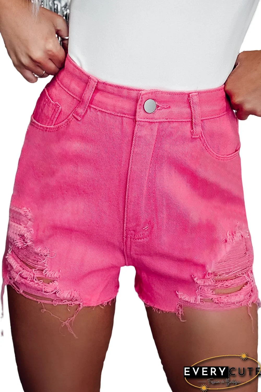 Rose Distressed Slim Fit High Waist Denim Shorts