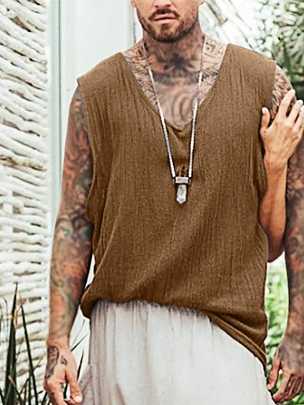 Aonga - Mens Pleated V Neck Solid Tank TopJ