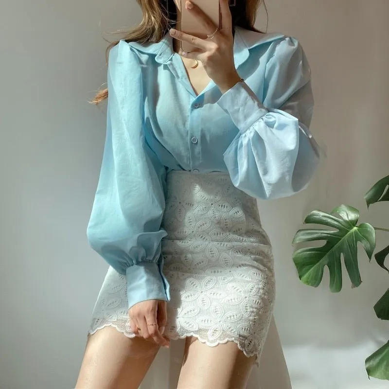 Korean Loose Chic Women Blouse Simple Versatile Lapel Long Sleeve Shirt Elegant Women Shirt Tops Pink Tops Blusas Mujer 12492