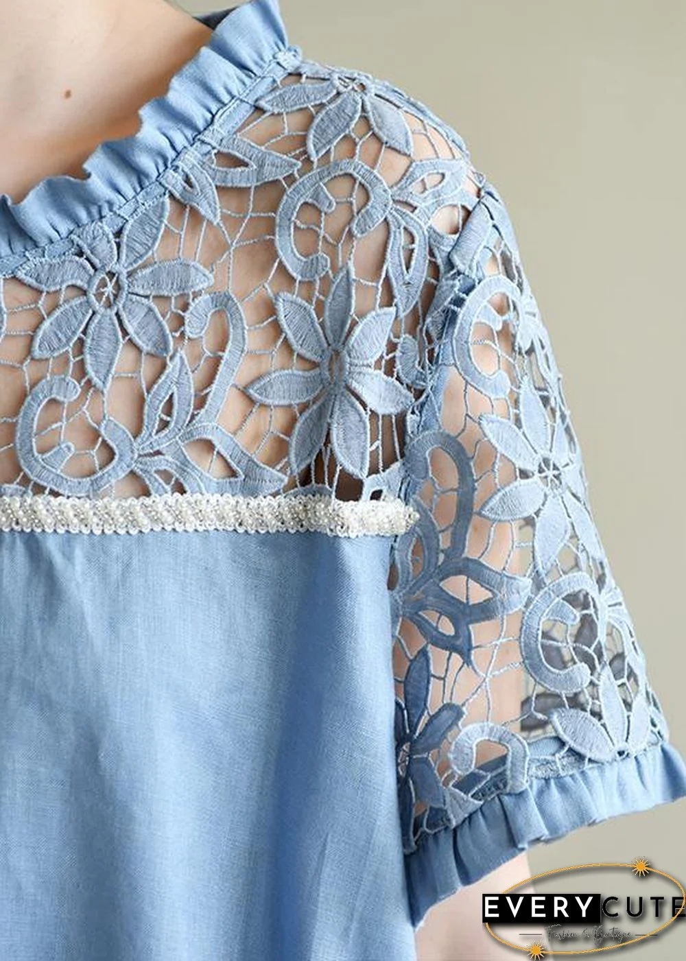 Chic o neck patchwork lace summer dress light blue Dresses