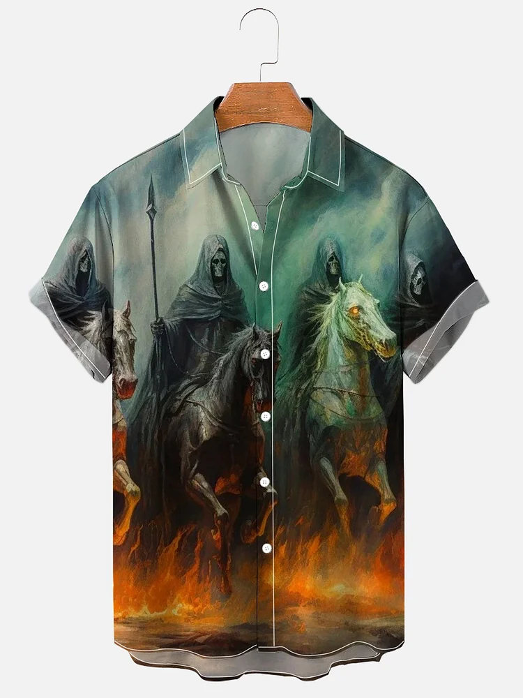 Men's Grim Reaper Knight Fire Road Halloween Art Casual Print Shirt