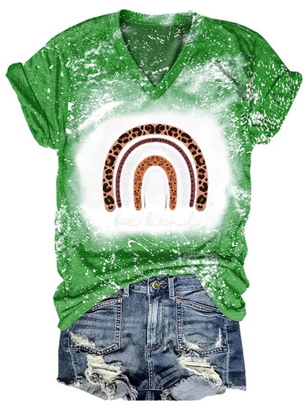 Short Sleeve V Neck Gradient Be Kind Letter Printed T-shirt