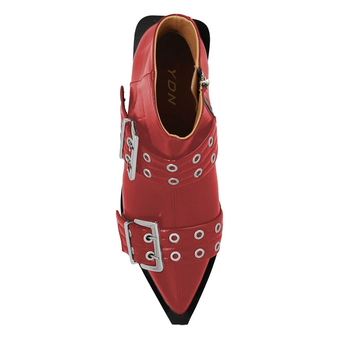 YDN Red Grommets Strap Pointed Toe Flat Short Boots for Women