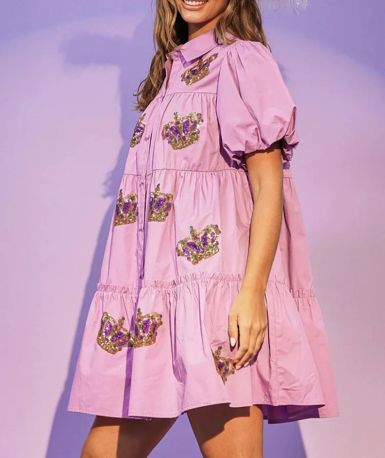 Crown Sequin Bubble Sleeve Mini Shirt Dress
