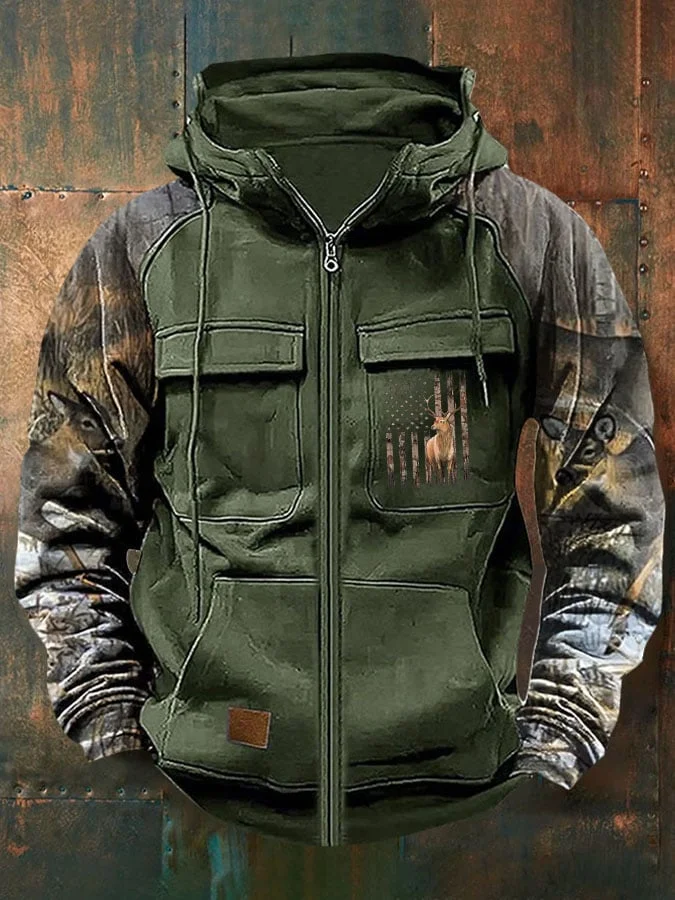 Men's Vintage Western Deer Print Multi-Pocket Jacket