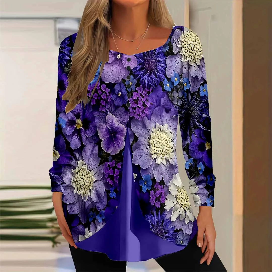 Women Floral,Purple DZGG8347 Long Sleeve Scoop Neck Printed Graphic Button Fake 2in1 Tops
