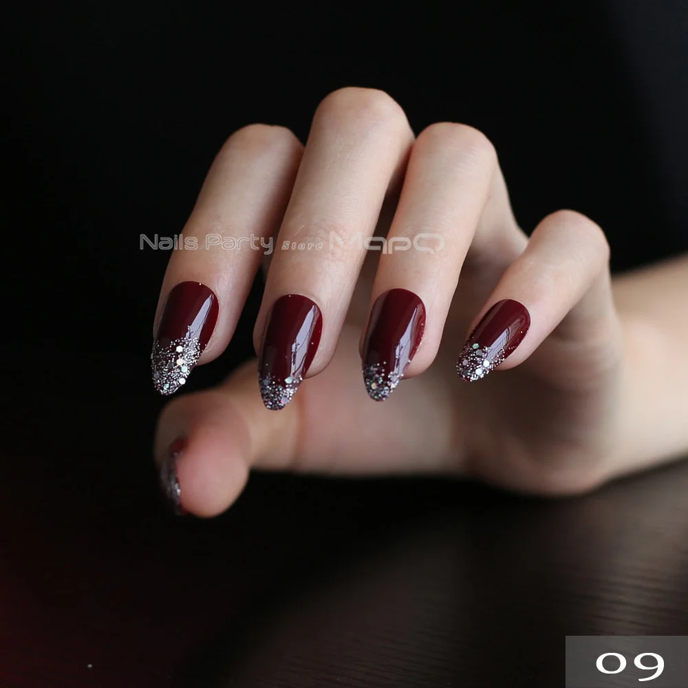 Burgundy Ombre French glitter Stiletto UV Gel nude Fake Nails Black Shimmer Finger blue false nail point tip pink Handmade-Nail Inspo