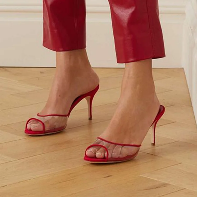 Red Peep Toe Stiletto Heels Women's Transparent Strap Mules Sandals |FSJ Shoes