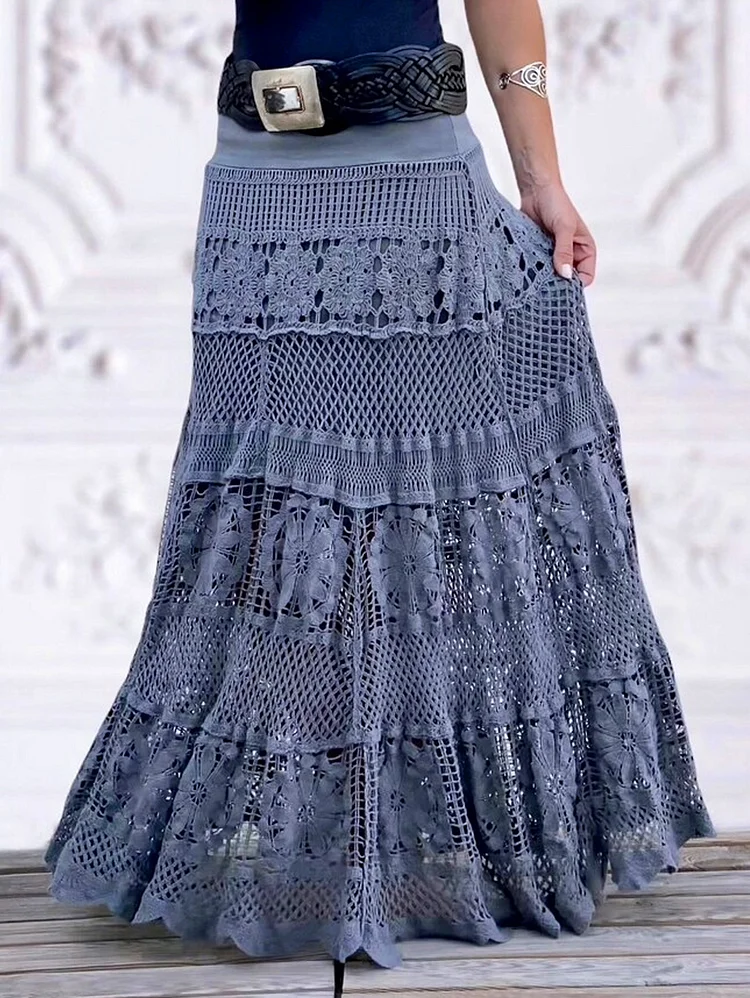 Elegant Guipure Lace Hollow Tiered Irregular Maxi Skirt
