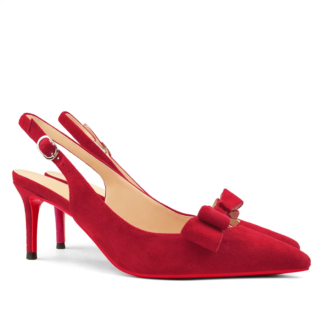 65mm Women's Pointed Toe With Bows Kitten Stillettos Slingback Red Bottoms Prom Suede Sandals-vocosishoes