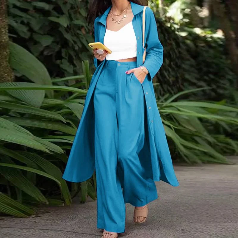 ZANZEA 2PCS Women Autumn Shirt Suits Fashion Long Sleeve Matching Sets Casual Wide Leg Trousers Solid Loose Pant Sets Oversized
