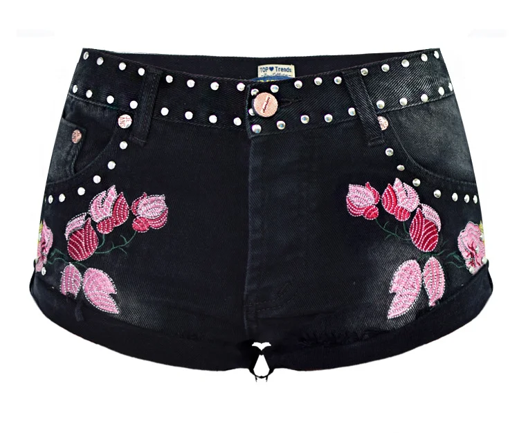 Women's Denim Shorts Classic Studded and Pink Floral Denim Shorts Ultra Short Black Sexy Shorts