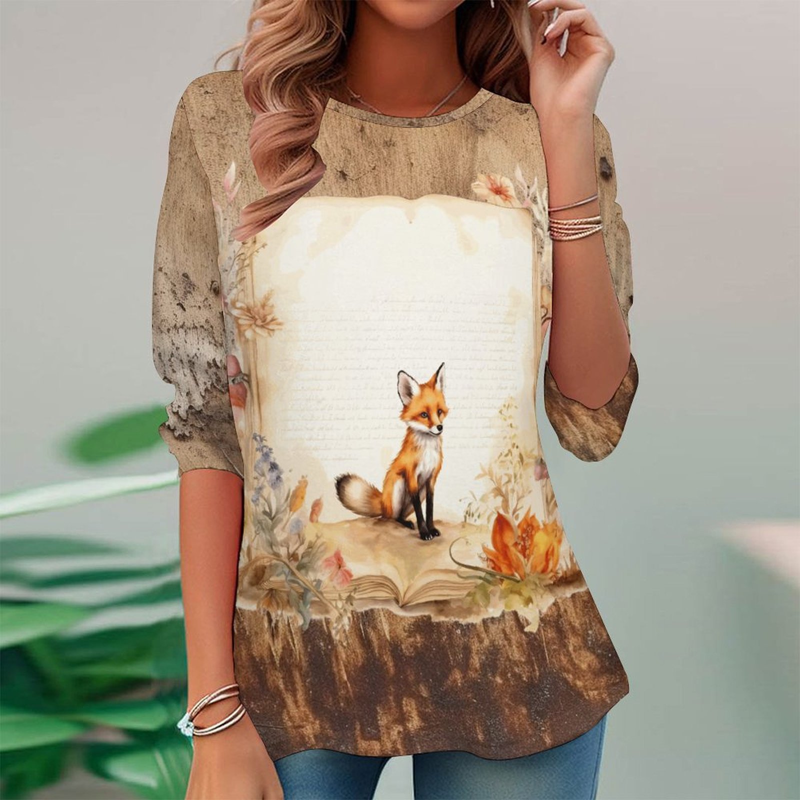 Women Long Sleeve V-neck Graphic Floral Printed Top