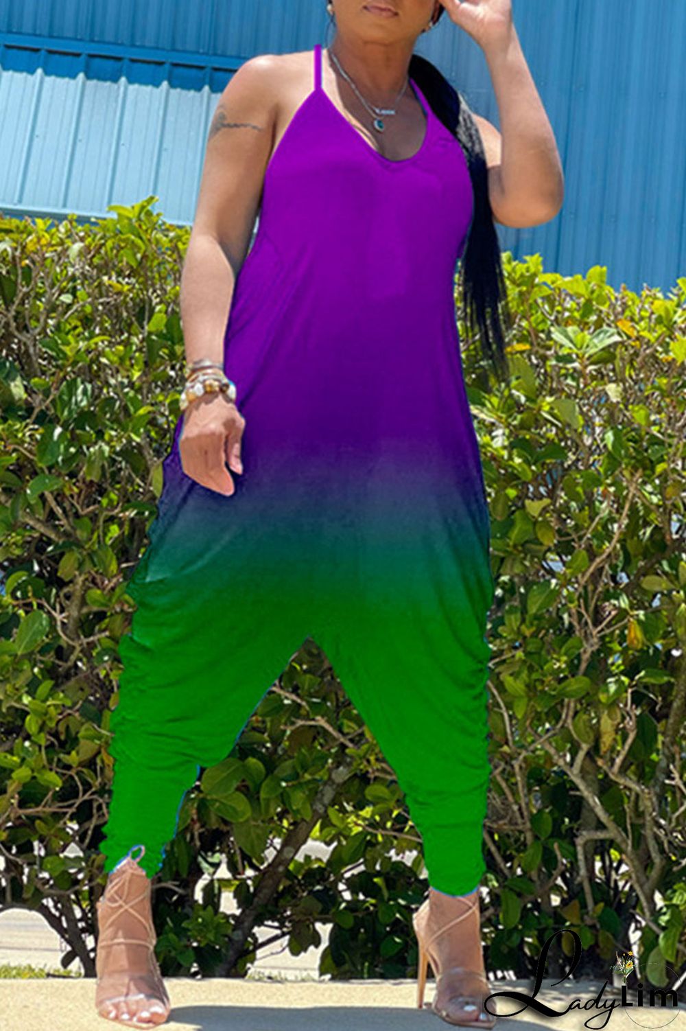 Green Casual Gradual Change Print Patchwork Spaghetti Strap Harlan Jumpsuits