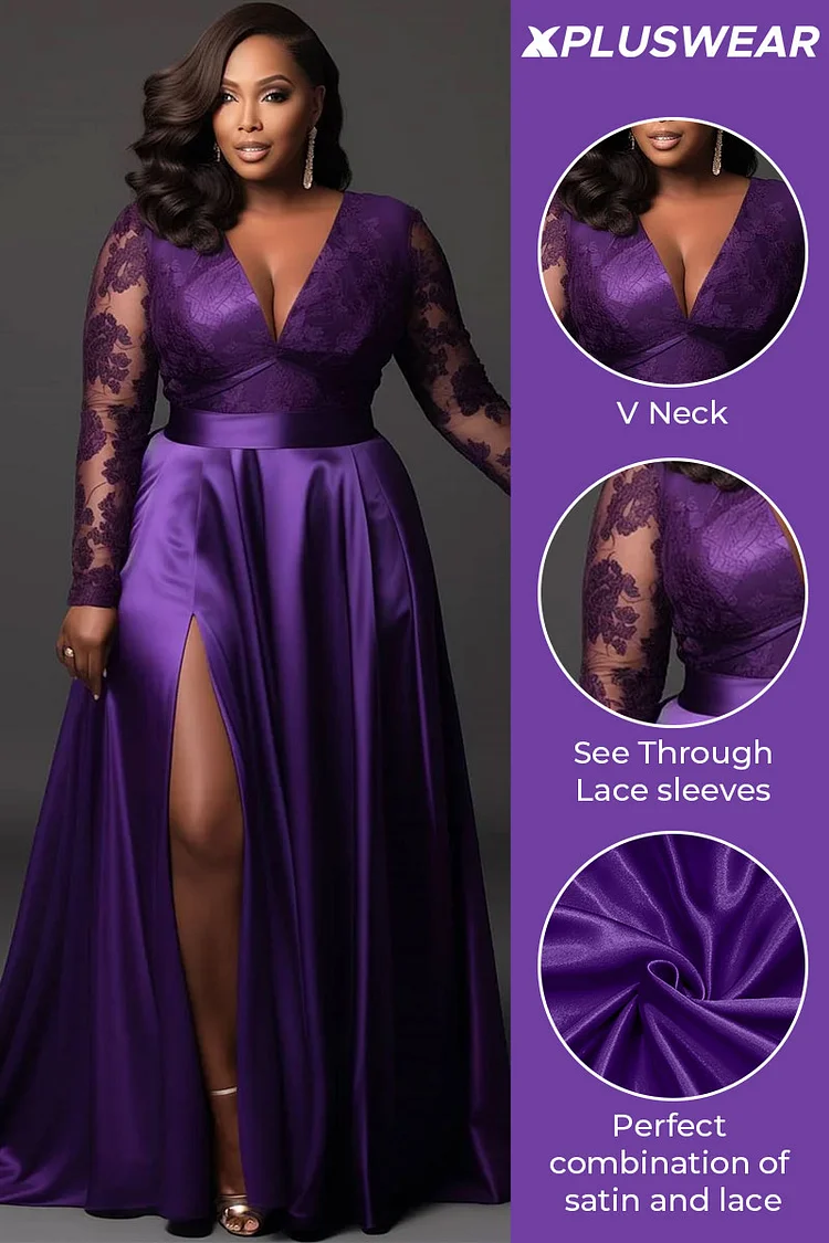 Xpluswear Design Plus Size Formal Purple V Neck Long Sleeve Split See Through Lace Satin Maxi Dresses