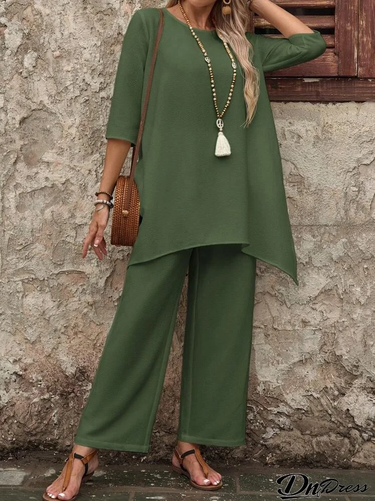 Women's Summer Seven-Point-Sleeve Shirt And Long Pants Set