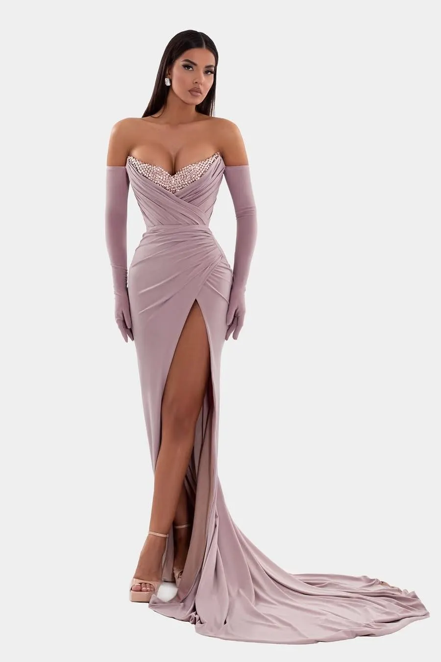 Lussooy Gorgeous Satin Wisteria V Neck Beaded Split Slim Prom Dress with Gloves 