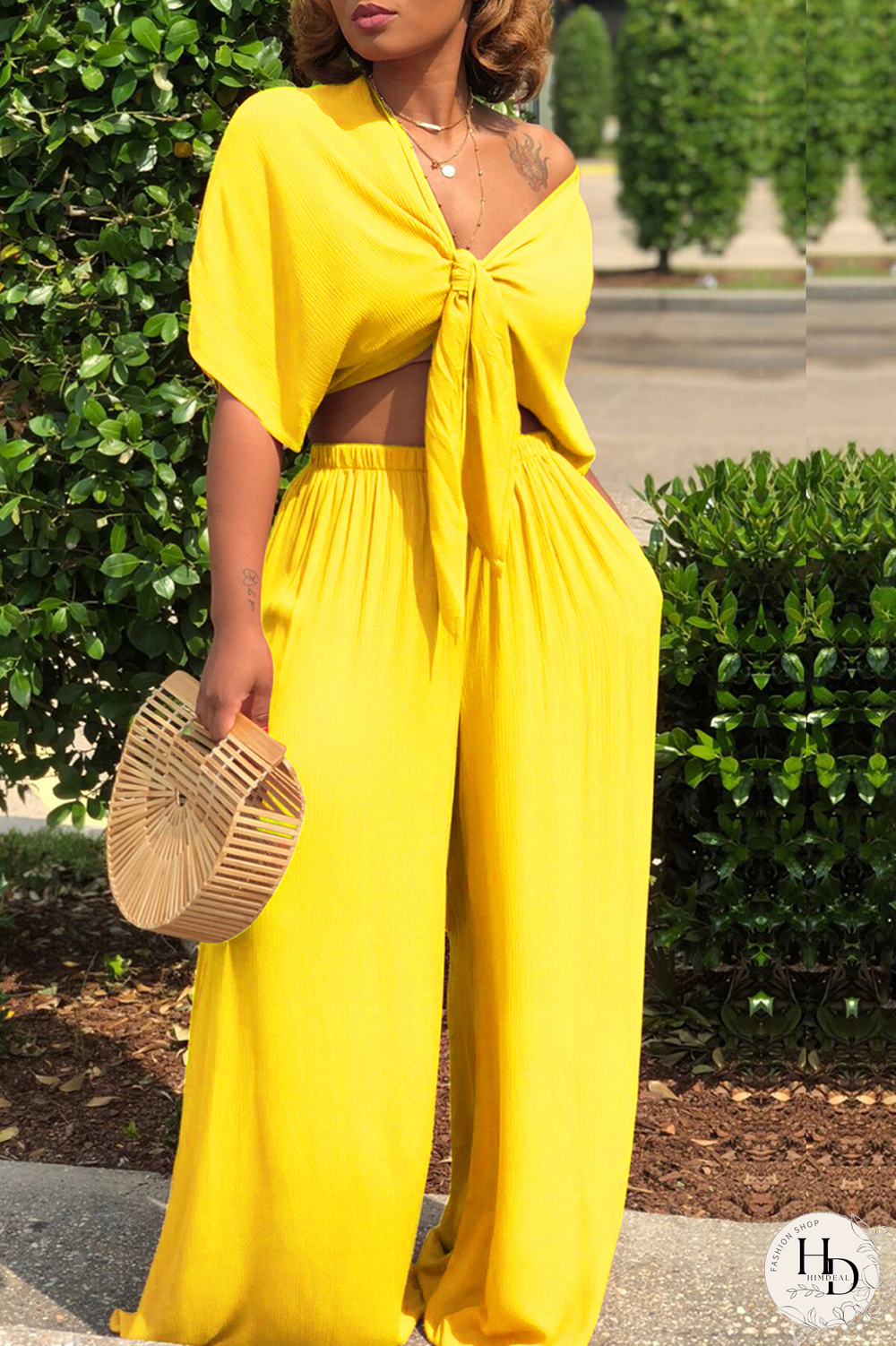 Yellow Casual Solid Split Joint V Neck Half Sleeve Two Pieces