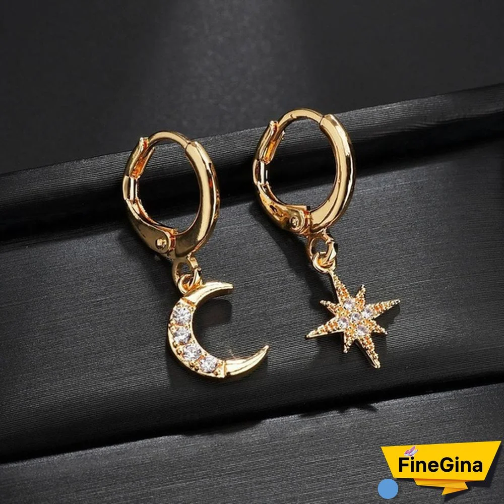 New Exquisite 14k Gold 925 Sterling Silver Asymmetric Star Moon Zircon Hoop Earrings Women Fashion Pendant Earrings Jewelry
