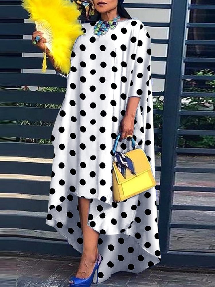 Large size polka dot round neck long sleeve women's dress SKUI10491 QueenFunky