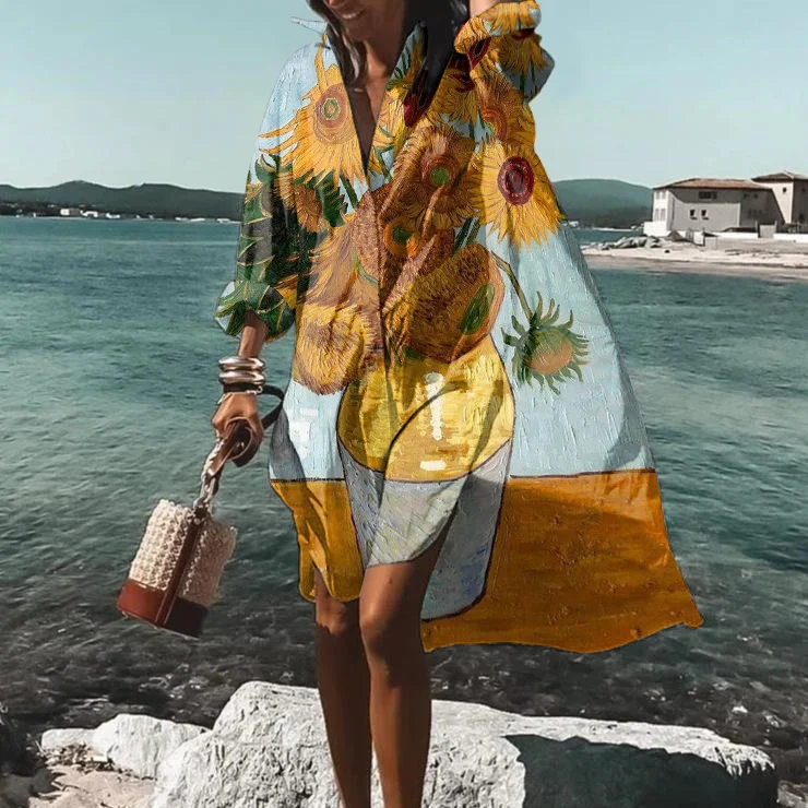 Oil Painting Sunflower Casual Midi Dress