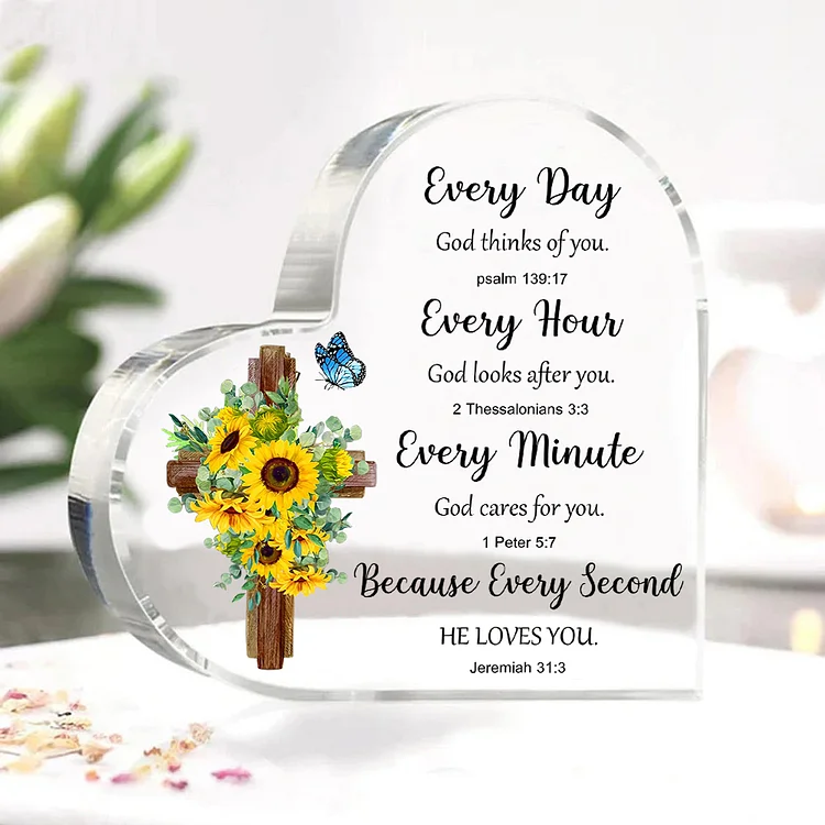 Every Day God Thinks of You-Acrylic Christian Gifts Bible Verse Prayers Religious Gifts-Acrylic Sunflower Heart Keepsake Desktop Ornament