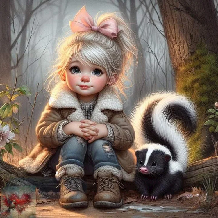 Girl And Skunk 30*30cm (Canvas) Full Round Drill Diamond Painting gbfke