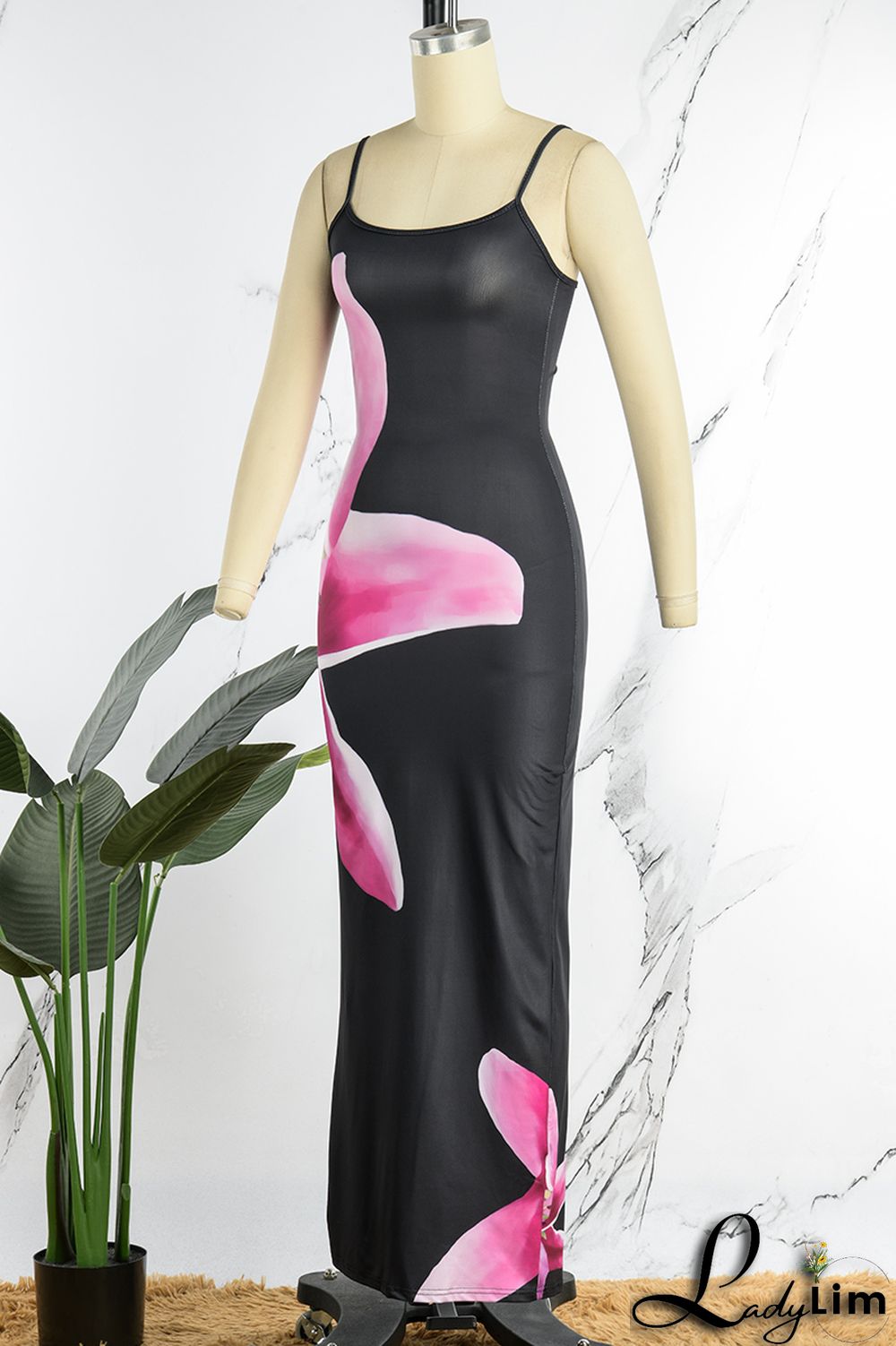 Pink Sexy Print Patchwork Spaghetti Strap One Step Skirt Dresses