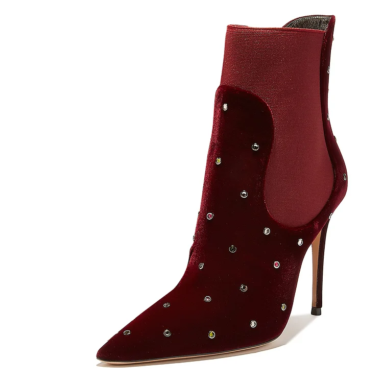 Burgundy Velvet Boots Rhinestone Stiletto Heel Chelsea Boots |FSJ Shoes