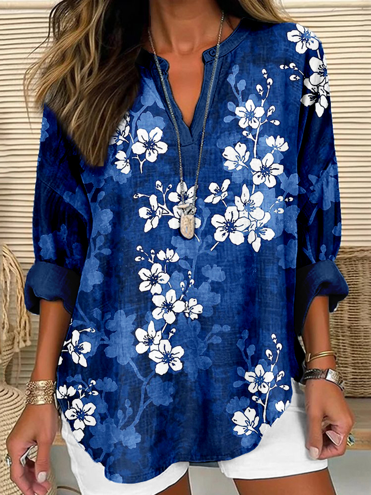 Comstylish Japanese Sakura Blossom Art Linen Blend Tunic