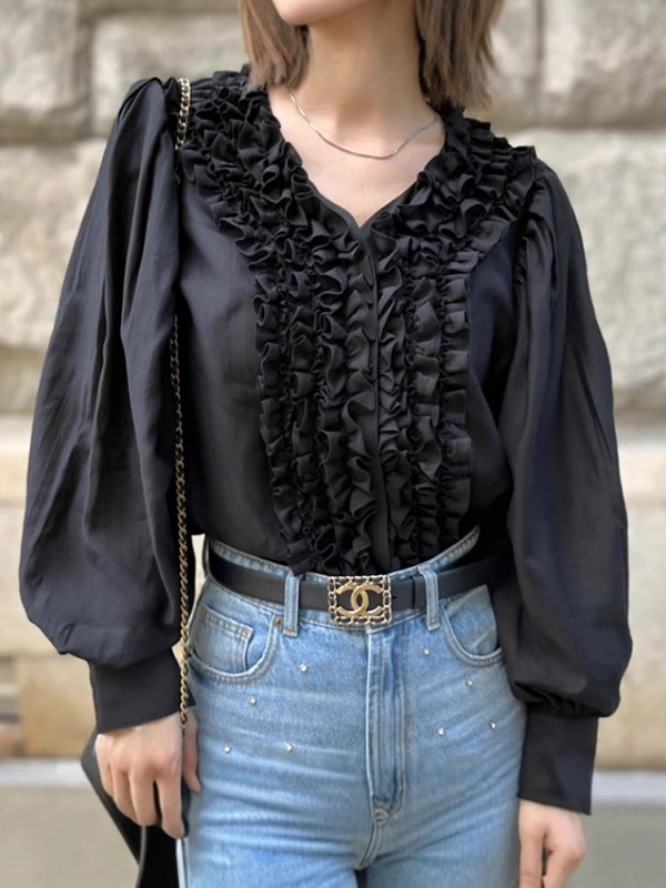 Puffy Sleeve Ruffle Lace Trim V Neck Blouses