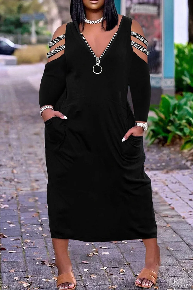 Plus Size Casual Dress Black Open Shoulder Zip Loose Midi Dress With Pocket [Pre-Order]