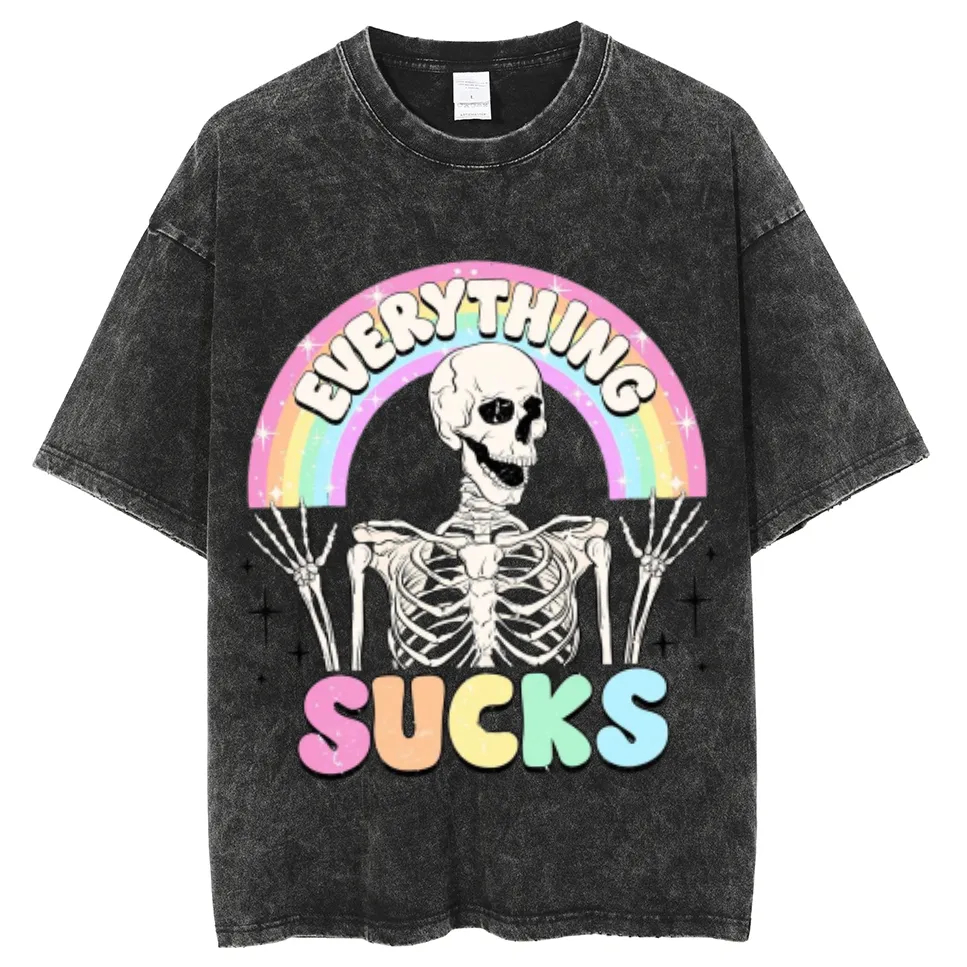 Everything Sucks Unisex Oversized Print Vintage Wash Denim T-Shirt