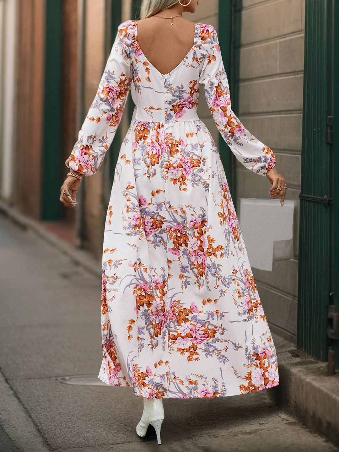 Women's Long Sleeve V-neck Floral Printed Slit Midi Dress