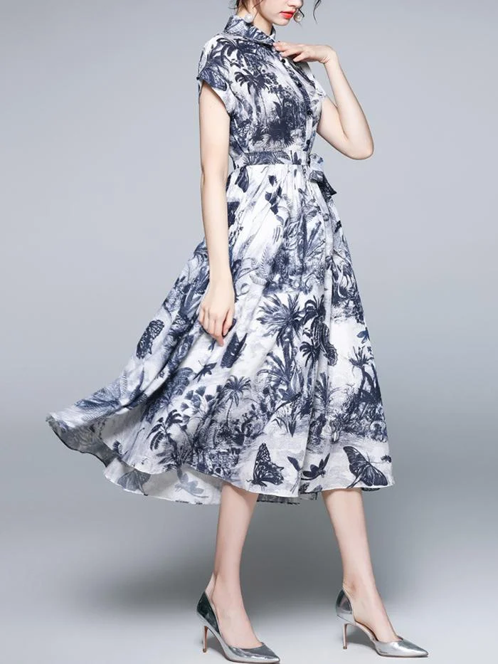 Women's New Ink Printed Mid-length Shirt Collar Short Sleeve Dress