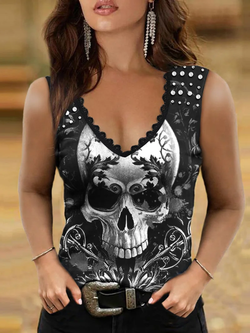 Skull Printed V-neck Vest
