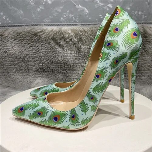 VCshoes Peacock Printing Green 12cm Pumps Stiletto Pointed Toe Shoes Party Nightclub Women Shoes 8cm 10cm High Heel Purple BM039