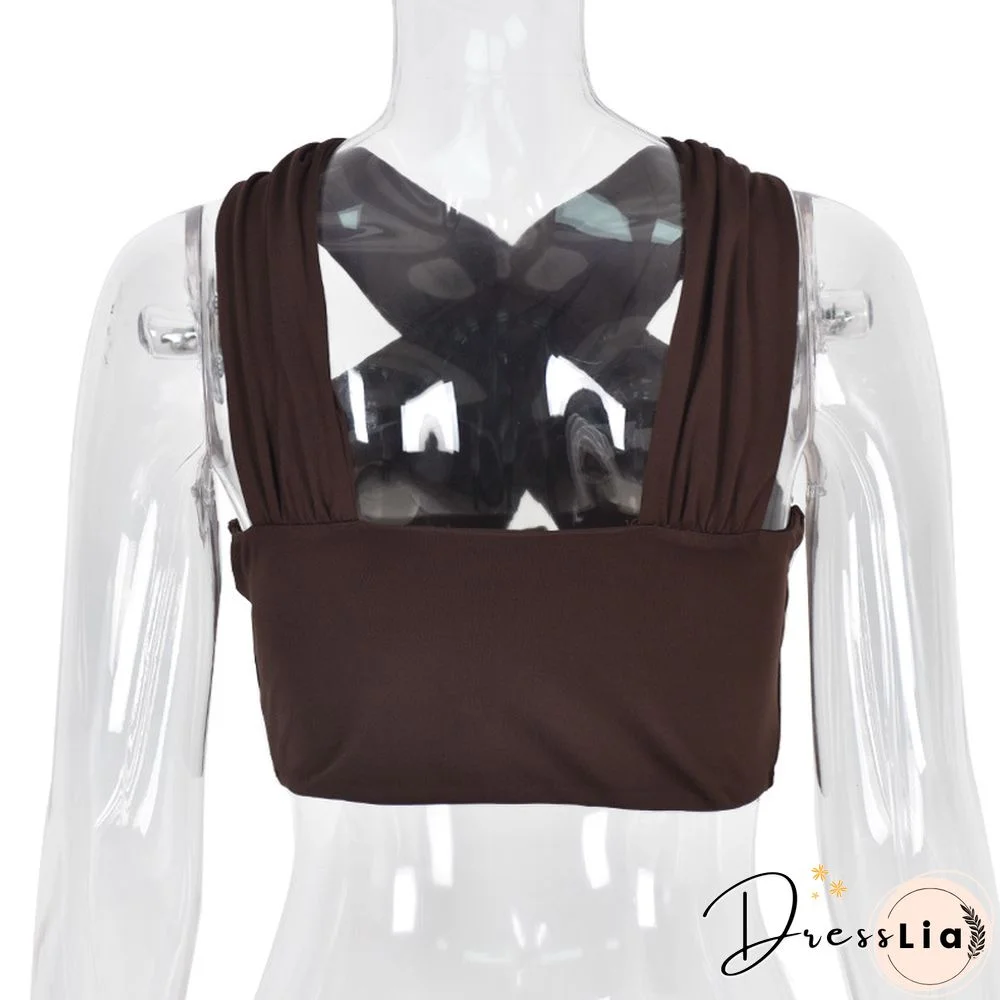 Hollow Out Tank Top For Women Sexy Short Crop Tops Brown Crossover Solid Clothes Fashion New Summer Streetwear