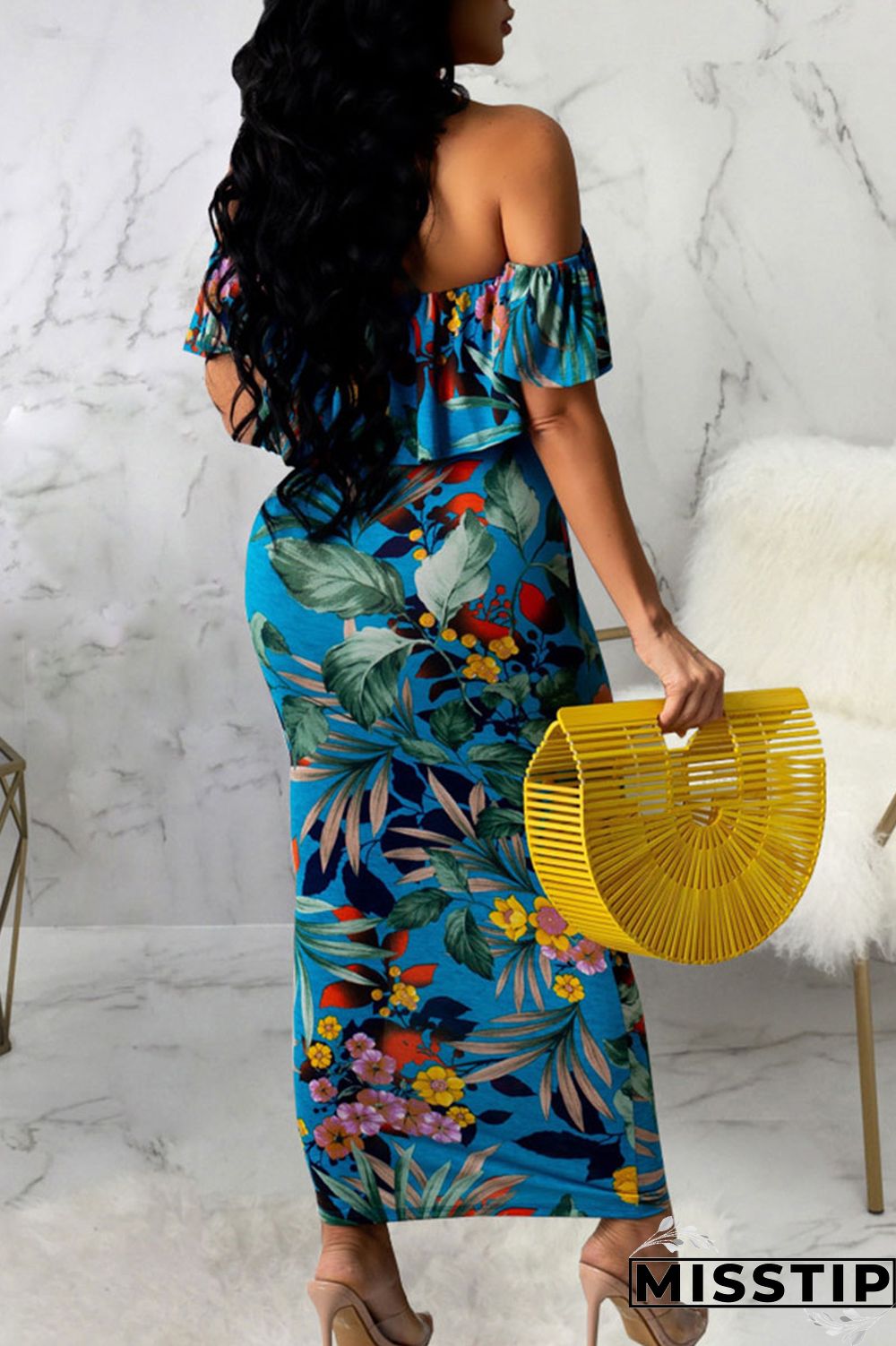 Blue Sexy Print Patchwork Strapless Short Sleeve Two Pieces
