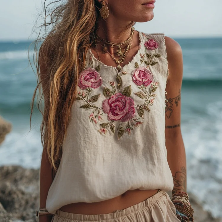 Women's Vintage Floral Embroidery Art Linen Comfy Sleeveless Top