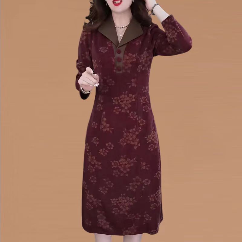 Autumn Winter Women's Turndown Collar New Button Fashion Fake Two Piece Waist Long Sleeved Slimming Printing Pullover Dresses