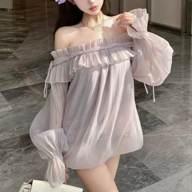 Ruffle Long-Sleeve Plain Tunic Blouse Trim Off-Shoulder