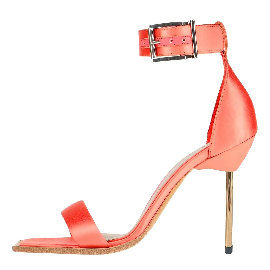Orange Satin Square Toe Ankle Strap Buckle Women's Heel Sandals