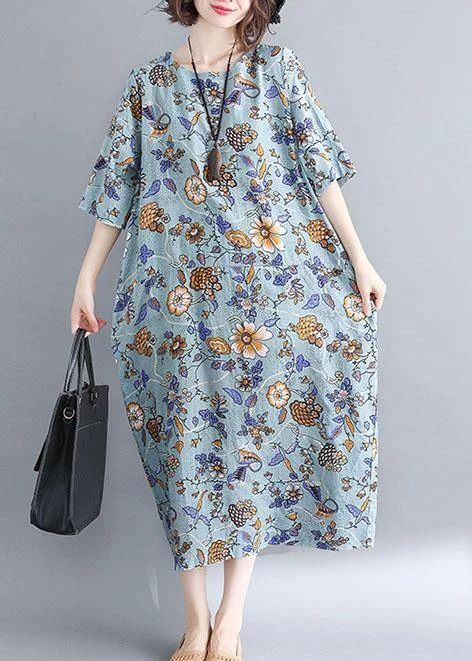 French blue floral cotton linen Soft Surroundings o neck Plus Size Clothing summer Dress