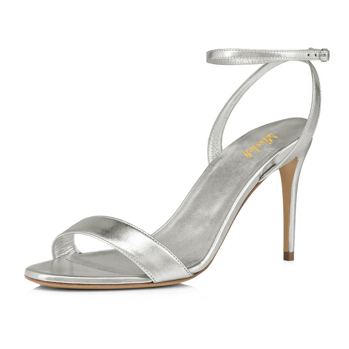 Silver Metallic Finish Buckle Strap Open Toe Stiletto Heeled Sandals Nicepairs
