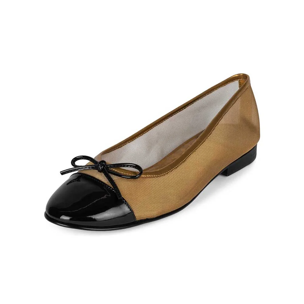 Black Patent Leather Gold Mesh Round Toe Bow Inlay Ballet Flats Nicepairs